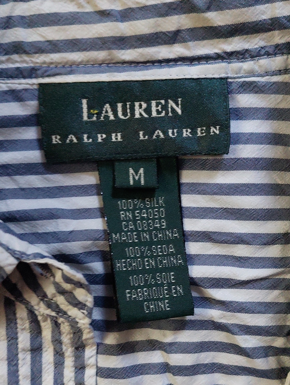 Lauren Ralph Lauren Blue & White Vertical Stripe 100% Silk Button-Down Shirt - Picture 2 of 6